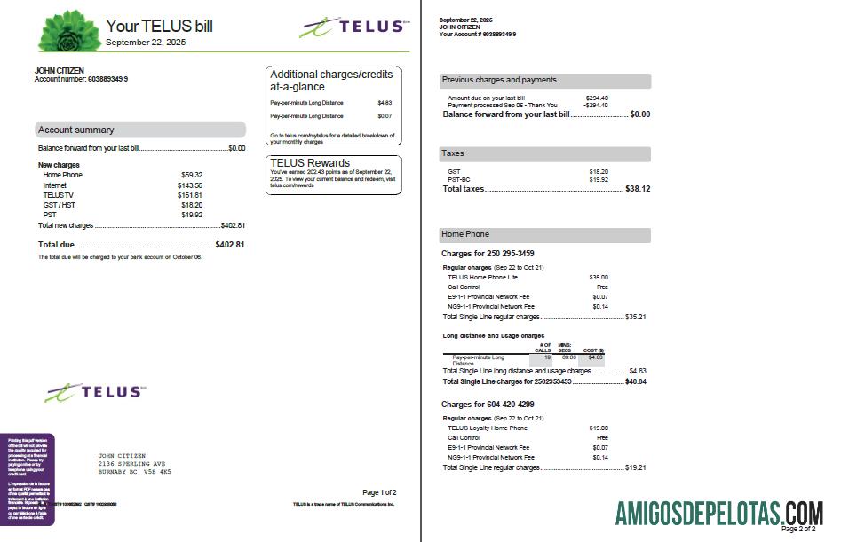 Em branco modelo de conta de serviços públicos Telus do Canadá em formatos Word e PDF, 2 páginas, versão 3